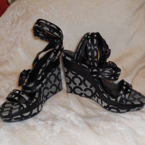 Coach Signature C's 7 1/2 B Maralee Black Platform Wedge Sandals - Picture 4 of 10